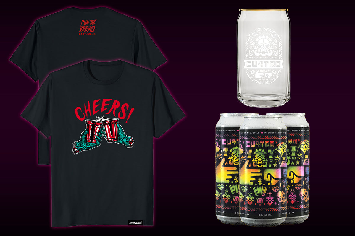 CU4TRO 4 pack, CU4TRO Glass, and Cheers T-shirt Bundle